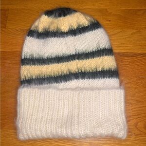 Free People Knit Beanie Hat Striped Cream Gray Yellow Soft Cozy Winter OS NWOT